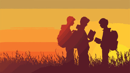 Silhouette of student boys with reading book in the h