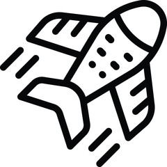 Black and white line art of a stylized cartoon rocket soaring upwards