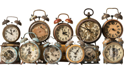 Lineup of Antique Clocks on transparent background