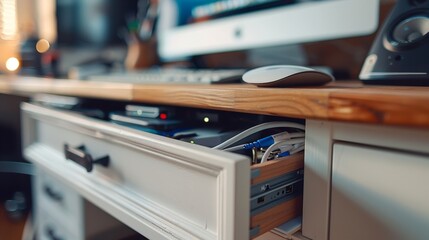 A close-up of a desk drawer slightly ajar, revealing a tangle of charging cables and forgotten trinkets.