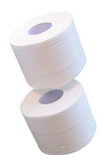 Side view of white tissue paper rolls in stack isolated on white background with clipping path