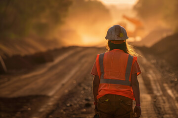 1 Female woman road worker in safety work clothes hard safety helmet working on mine roadwork highway region dirt roads dusty sun for contractor diverse work construction site job workforce freeway
