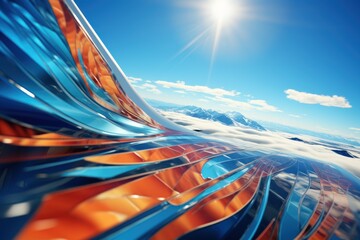 Flying plane. Part of the fuselage and wing of the aircraft is close up. Futuristic abstract background with mountains and sun.