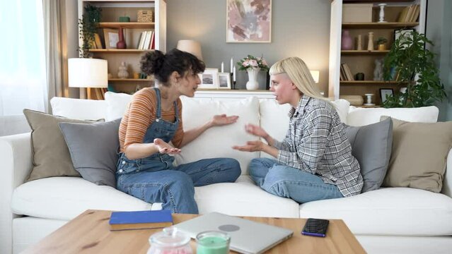 Two women, roommates and lesbian couple having argue and conversation at home. Angry lovers discussing and explaining to each other the problem of saving and spending money. Relationship difficulties.