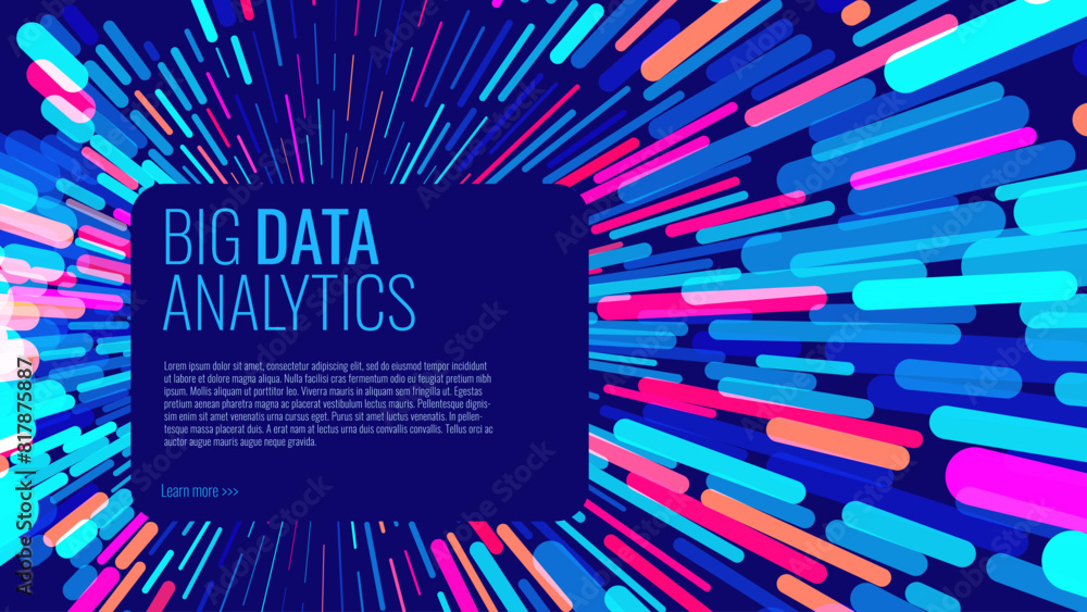 Poster Big Data Technology Lines. Digital Data Flow Vector Background. 5G Wireless Data Transmission. High Speed of Light Trails. Information Flow in Virtual Reality Cyberspace. Vector Illustration.