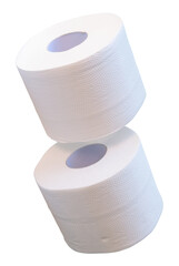 Side view of white tissue paper rolls in stack isolated with clipping path in png file format