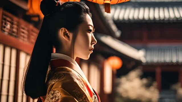 Traditional female geisha in a Japanese garden