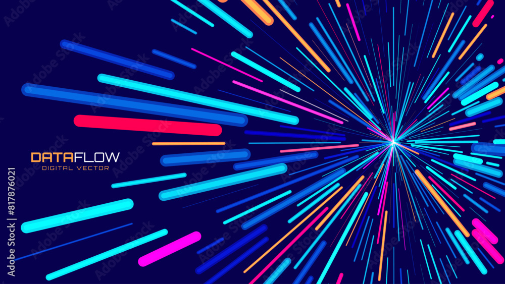 Poster Abstract Colorful Data Flowing Lines. Speed Lines Lights Graphics. Futuristic Linear Backdrop Design. Technology, Big Data, Science Theme Template.