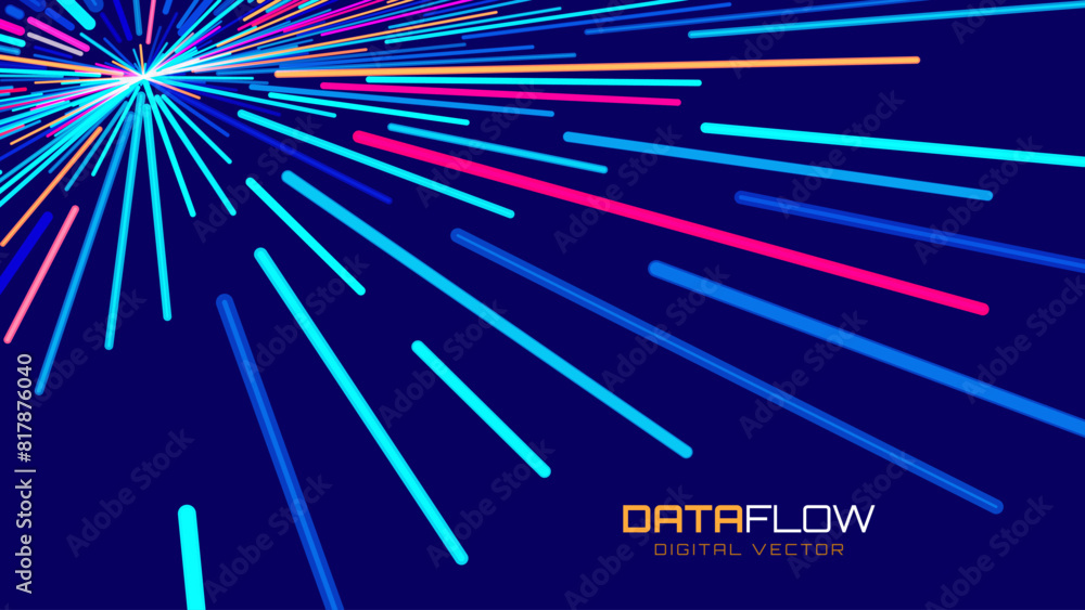 Poster Abstract Colorful Data Flowing Lines. Speed Lines Lights Graphics. Futuristic Linear Backdrop Design. Technology, Big Data, Science Theme Template.