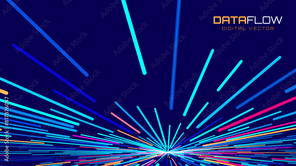 Poster Abstract Colorful Data Flowing Lines. Speed Lines Lights Graphics. Futuristic Linear Backdrop Design. Technology, Big Data, Science Theme Template.