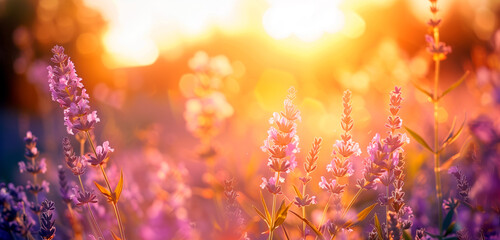 Fototapeta premium Close up of beautiful field of lavander flowers on warm sunset.