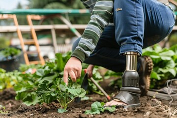 A person with a prosthetic leg tends to plants in a garden, showing resilience and dedication to gardening. The close-up photo highlights their nurturing actions.