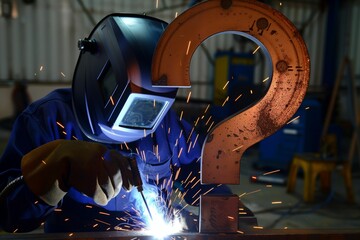 Welder in protective gear working with a welding torch in a workshop, creating sparks near a large metal question mark.
