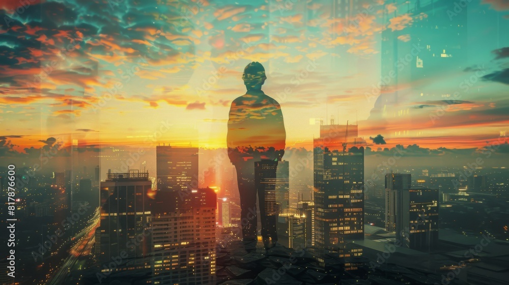 Poster the double exposure image of the engineer standing back during sunrise overlay with cityscape image.