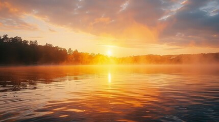 Obraz premium Tranquil lake at sunrise, with mist rising over the water and the sun emerging on the horizon, creating a peaceful, serene atmosphere.