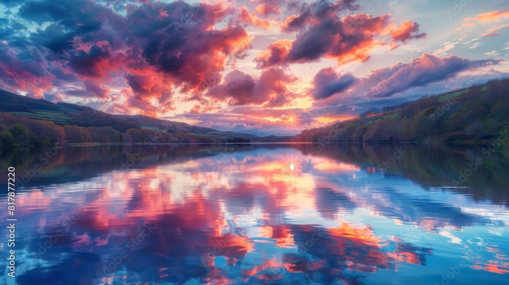 Poster tranquil river at sunset, with colorful clouds reflected in the calm water and the sun setting behin