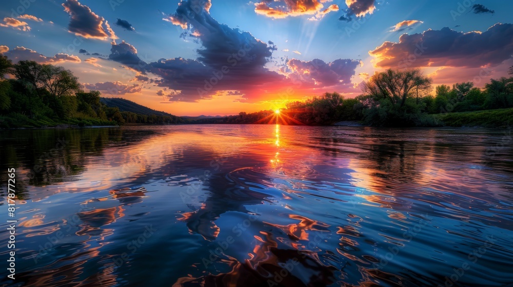 Poster tranquil river at sunset, with colorful clouds reflected in the calm water and the sun setting behin
