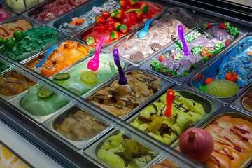 Variety of ice cream flavors. Variety of delicious ice cream on the store counter