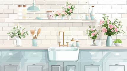 Sink with beautiful flowers and kitchen utensils on c