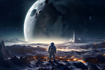Fototapeta premium Photorealistic astronaut on the moon, surrounded by distant planets and stars, rendered in Unreal Engine with a neon, abstract, and intricate cosmic background