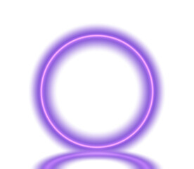 Purple magical geometric circle neon portal shrouded. Round glowing frame. Futuristic teleporter. Light effect. Bright lights illuminate a night scene. Runway light effect. PNG.
