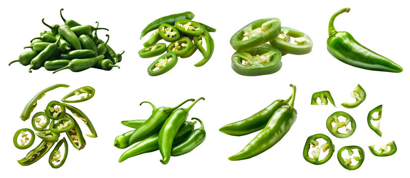 Green chili chilli chilies pepper fruit vegetable, many angles view side top front group slice cut on transparent background cutout, PNG file. Mockup template for artwork graphic design