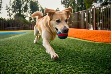 Playful dog running with a ball in its mouth on a colorful playground with artificial grass and fenced surroundings.