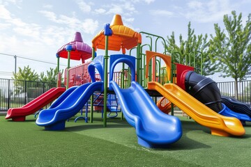 Colorful playground with multiple slides and climbing structures in an outdoor setting on a sunny day, surrounded by trees and a fence.