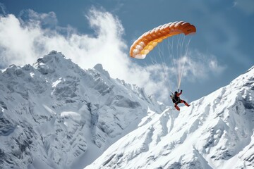 Skydiver with an orange parachute flying over snow-covered mountains under a clear blue sky. - Powered by Adobe
