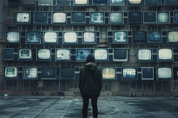 Person watching a lot of TV screens. Propaganda and fake news concept. Politicians manipulate society with help of public television