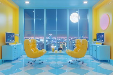 City view yellow chairs, blue floor, office is depicted in light blue