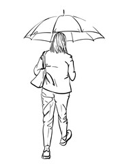 Woman walking under an umbrella, Hand drawn illustration, She dressed in formal trousers, with a bag under her arm, View from behind, Vector sketch