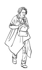 Drawing of an unhappy mature woman walking thoughtfully and carrying a small backpack in front on her stomach, holding it with her hands, Vector sketch isolated, Hand drawn illustration