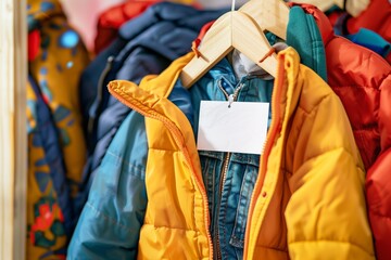 Colorful children's winter jackets on hangers, with a blank price tag attached to one of the coats.
