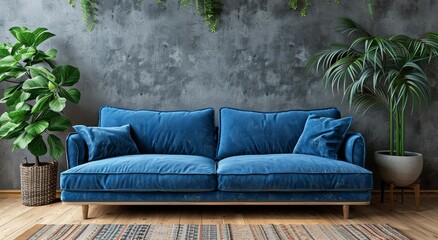 Blue Sofa in Front of Grey Wall