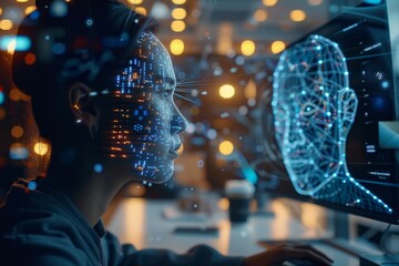 A digital mosaic forming the face of an AI from screen