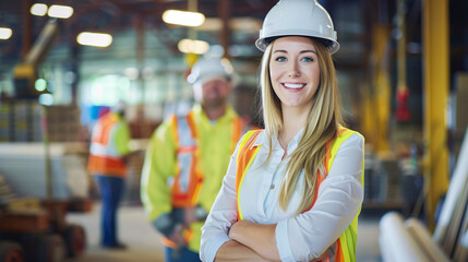 A portrait of a female construction work team leader with arms crossed in construction gear, with her team working behind her