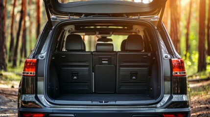 Open off-road car trunk with luggage inside on a mountain at sunset. holidays and weekends. Active turism.