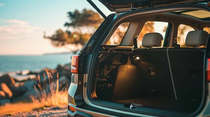 Open off-road car trunk with luggage inside on a mountain at sunset. holidays and weekends. Active turism.