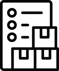 Black and white line icon depicting a clipboard and parcels for warehouse inventory management