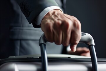 Obraz premium Close-up of a businessperson's hand gripping the handle of a rolling suitcase, highlighting preparation for travel.
