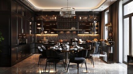 large dining room with black cabinets and walls. black kitchen dining room interior design realistic