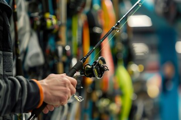 Close-up of a person holding a fishing rod in a sporting goods store with various fishing gear in...