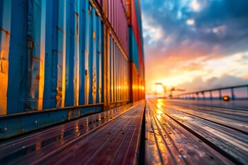 Close-up of colorful shipping containers on a wet dock reflecting the warm light of a sunset, with cranes visible in the background.