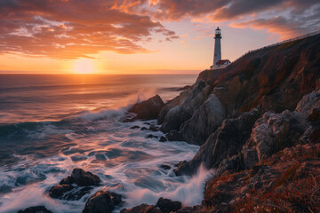 A dramatic coastal cliffside at sunset, waves crashing against the rocks, and a lighthouse standing tall in the distance