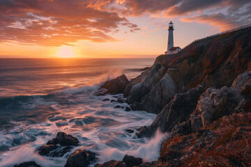 A dramatic coastal cliffside at sunset, waves crashing against the rocks, and a lighthouse standing tall in the distance - Powered by Adobe