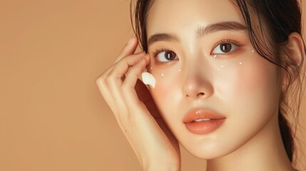 Intimate Moment of Skincare Routine A Korean Woman Delicately Applying Eye Cream in a Serene Mindful Setting