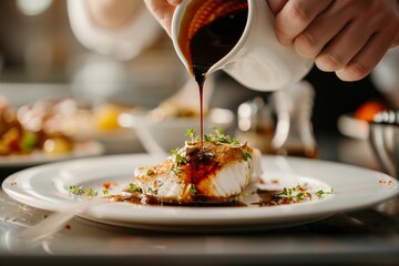 Chef pouring sauce over a beautifully plated fish dish garnished with fresh herbs, highlighting fine dining and culinary craftsmanship.