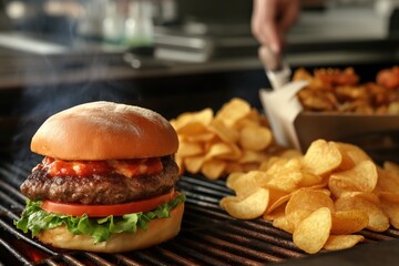 A delicious gourmet burger with a juicy beef patty, fresh lettuce, ripe tomatoes, caramelized...