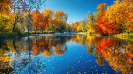Vibrant and Serene Autumnal Landscape with Reflected Foliage in a Tranquil Lake